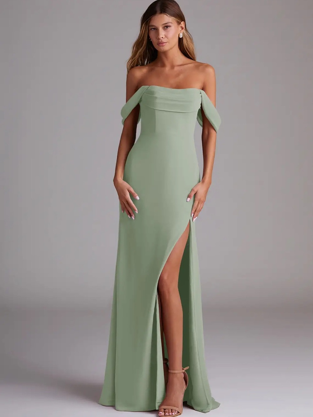 Azazie Mena Off-Shoulder Dusty Sage Green Evening Gown w Slit
